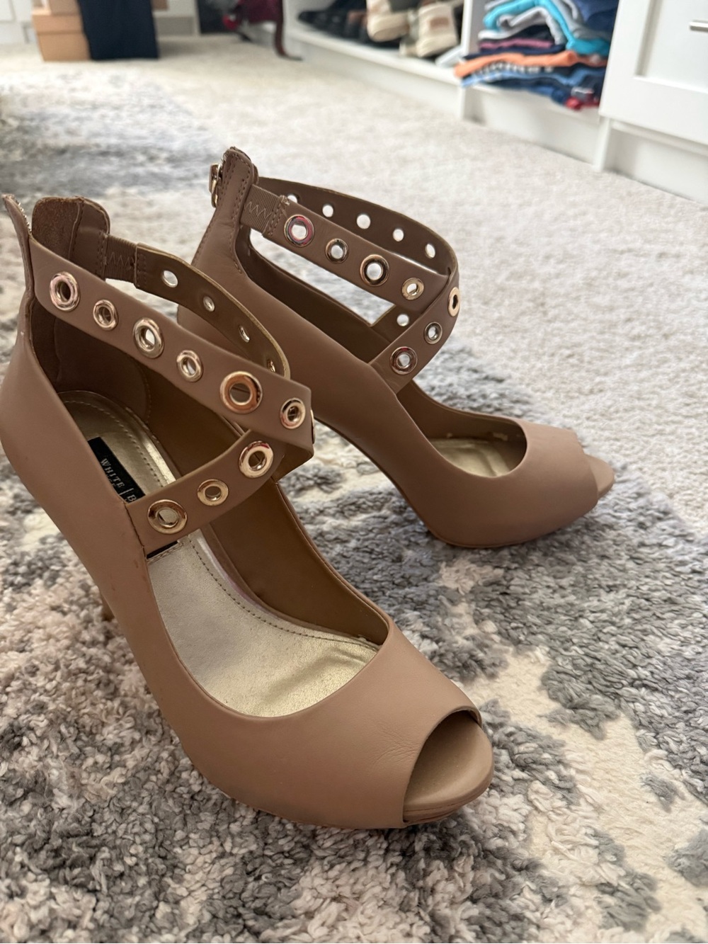 White House Black Market Nude Peep-Toe Ankle Strap Heels with Grommet Detail